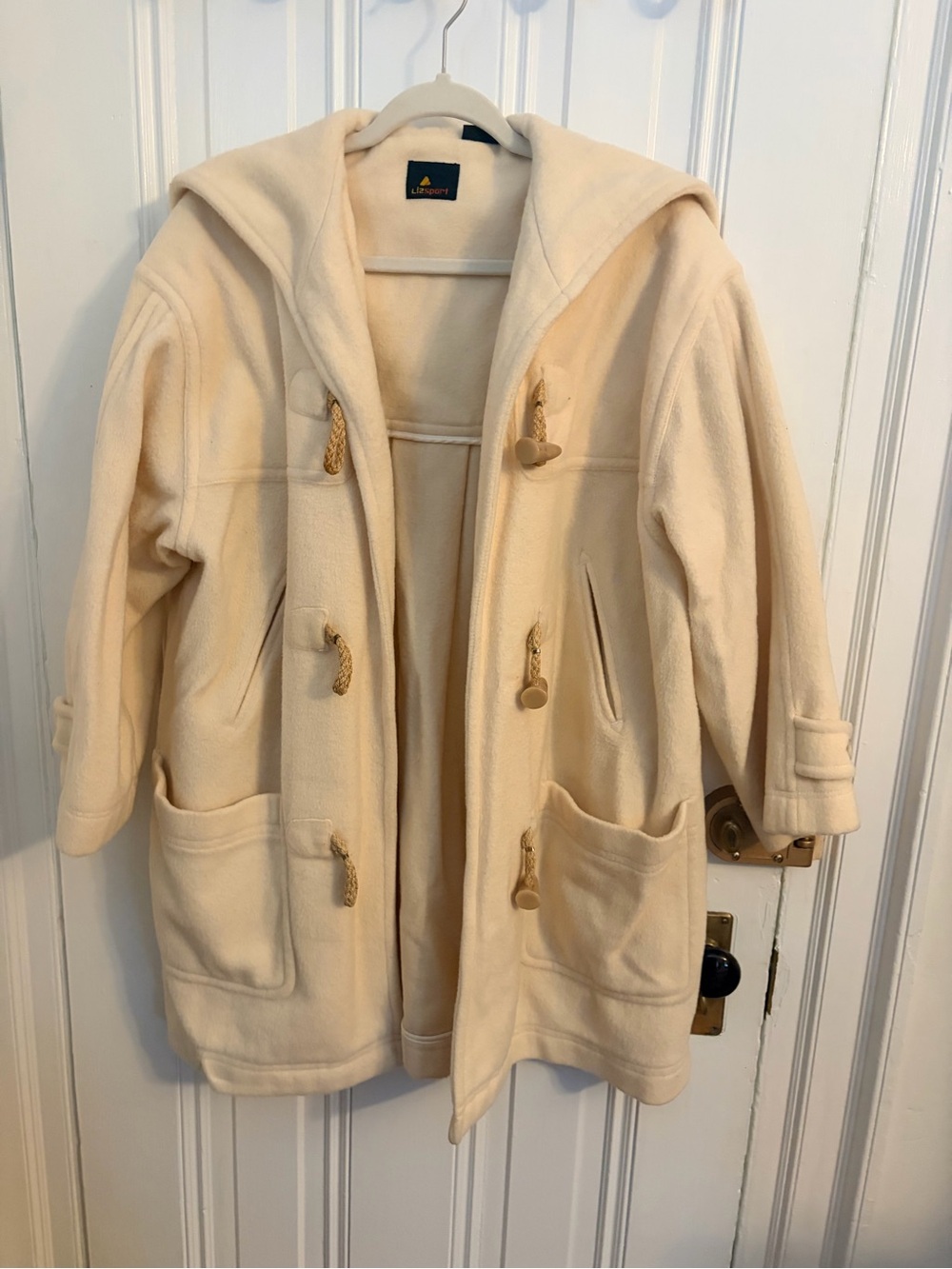 Liz Claiborne Cream Hooded Toggle Pea Coat with Patch Pockets